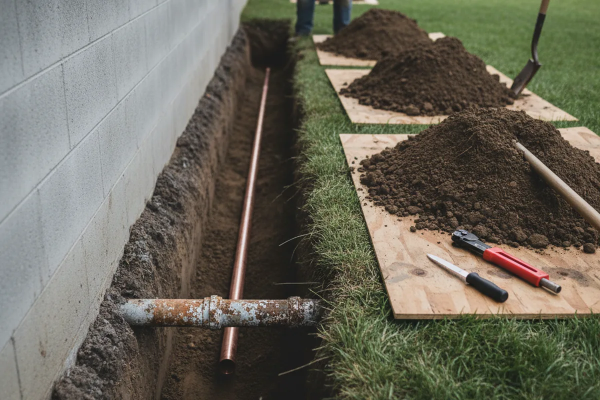 Excavated water line trench during Sewer Line Repair in Lumberport